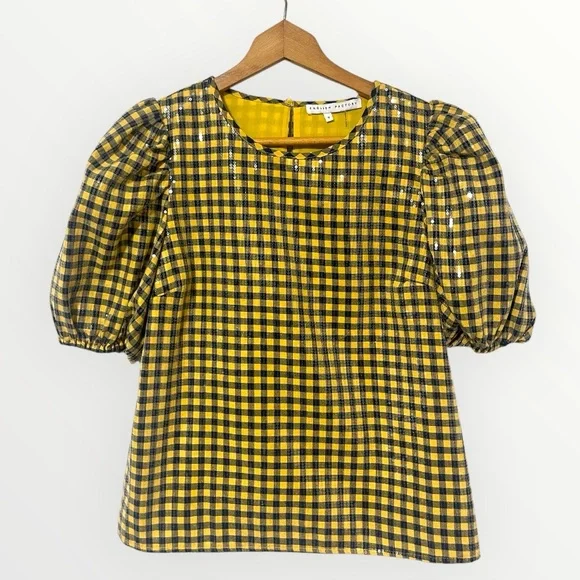 ENGLISH FACTORY SEQUINS PUFF SLEEVE GINGHAM TOP SMALL - Picture 2 of 9